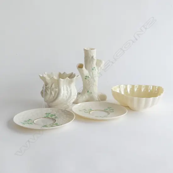 5 PCS BELLEEK; HEART DISH, SM JARDINIERE, (H 95MM) 2 SHAMROCK SAUCERS & SHAMROCK TREE STUMP VASE