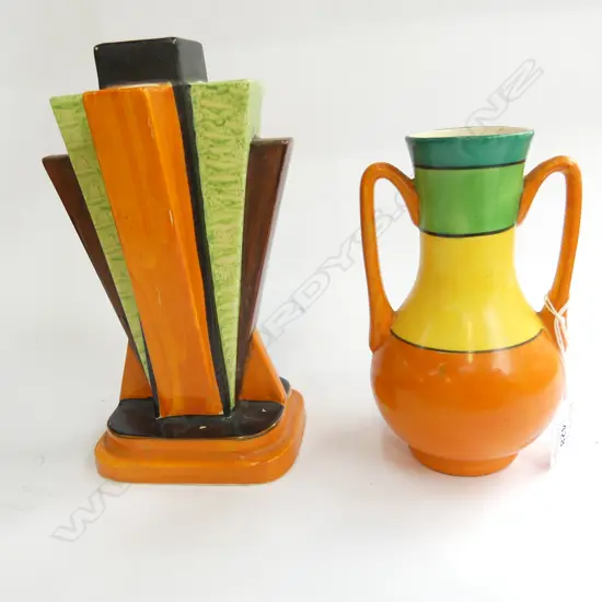 2 BRIGHTLY PAINTED DECO VASES H.220mm (urn w. repairs)