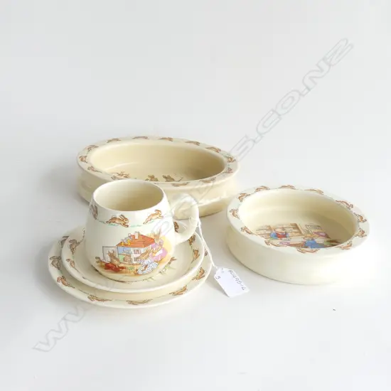5 PCS ROYAL DOULTON BUNNYKINS; 2 BOWLS INCL BARBARA VERNON SIGNED (210 X 165MM) + MUG, PLATE & SAUCER