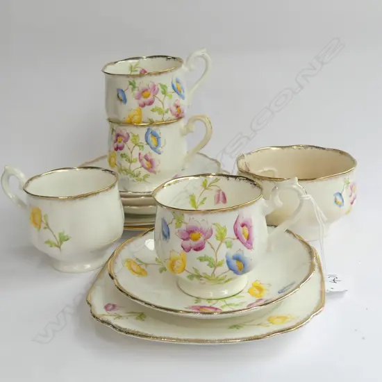 ROYAL ALBERT PART TEA SET;  4 TRIOS & SUGAR BOWL ( BOWL IS BRUISED) 
