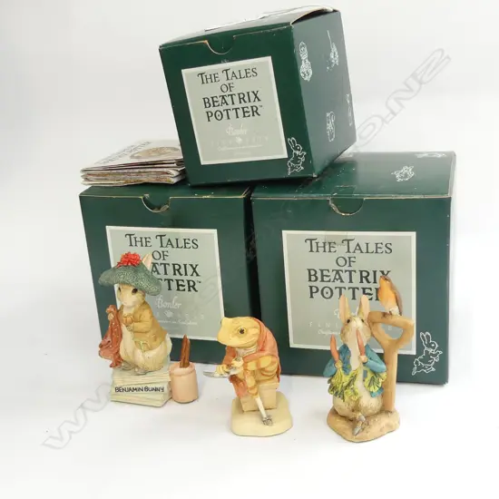 3 BEATRIX POTTER FIGURINES; BENJAMIN BUNNY, PETER RABBIT W RADISHES + ONE OTHER