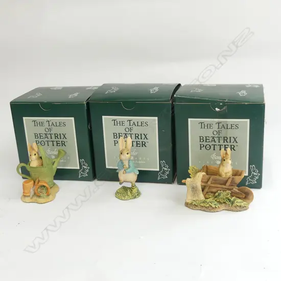 3 BEATRIX POTTER FIGURINES; PETER RABBIT W WATERING CAN / WHEELBARROW & 1 OTHER - ALL IN ORIGINAL BOXES