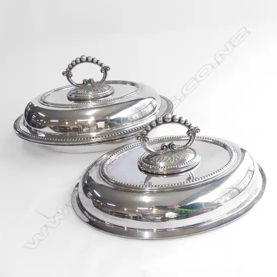 PR MAPPIN & WEBB SILVER PLATE LIDDED SERVING DISHES + OLD CHINESE PATTERN TALL BISCUIT TIN (H. 280MM)