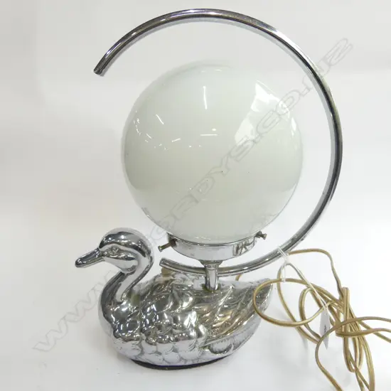 ART DECO TABLE LAMP, HEAVY SILVER METAL SWAN BASE WITH WHITE BALL LAMP H. 330MM