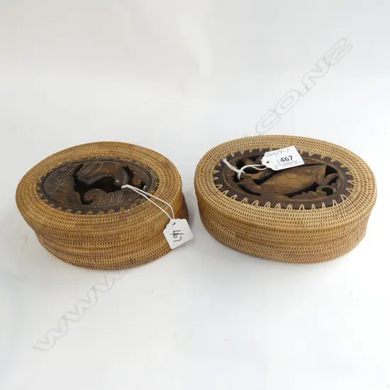 2 LOMBOK OVAL WOVEN BASKETS lids with carved frog & turtle 160mm