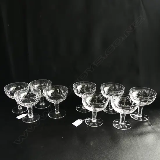 STUART CRYSTAL CHAMPAGNE SAUCERS; 5 ETCHED & 4 CUT (2 A/F)