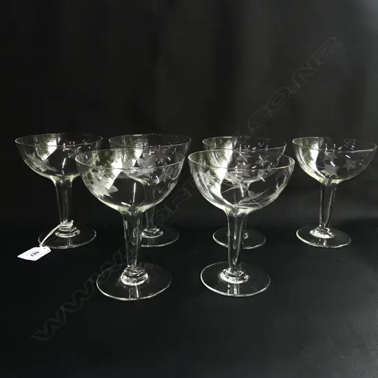 6 VINTAGE HOLLOW STEMMED CHAMPAGNE GLASSES WITH ETCHED DESIGN