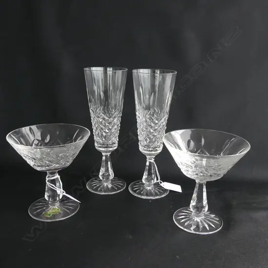 WATERFORD CRYSTAL CHAMPAGNE GLASSES; 2 FLUTES & 2 SAUCERS  (NIBBLES TO TOP RIM ONE SAUCER)