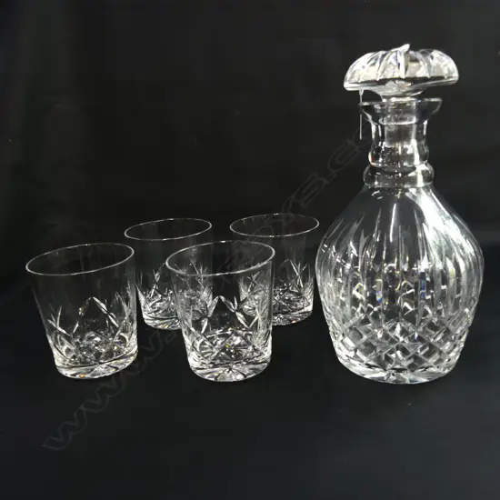 CUT CRYSTAL DECANTER + FOUR WHISKEY TUMBLERS