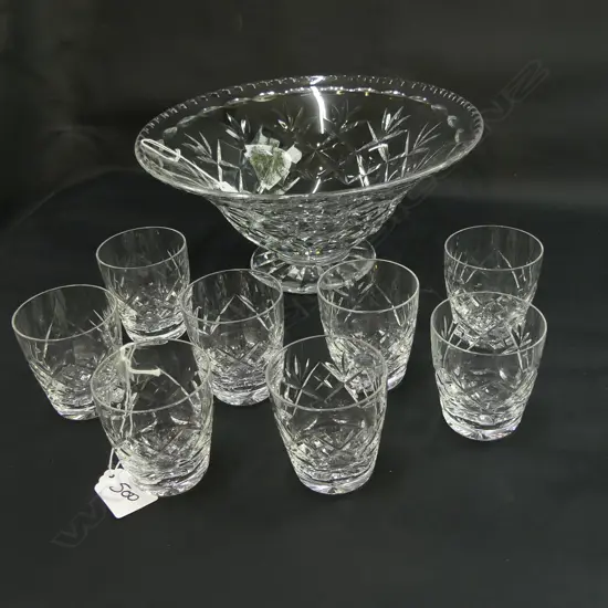 LG CUT CRYSTAL FOOTED BOWL (DIA 255MM) + 8 SM CUT CRYSTAL GLASSES H. 70MM (chips to rim of 2 glasses)