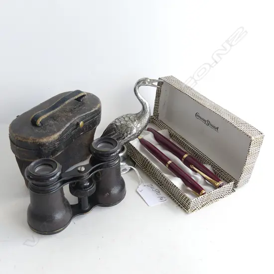 3 ITEMS BOXED CONWAY STEWART PEN SET & CHROME HERON FINIAL? AND OPERA GLASSES