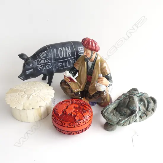 5 ITEMS; RESIN PIG, 2 LIDDED CONTAINERS - BONE & CINNABAR, LION DOOR KNOCKER, ROYAL DOULTON 'OMAR KHAYYAM' FIGURE H.165m