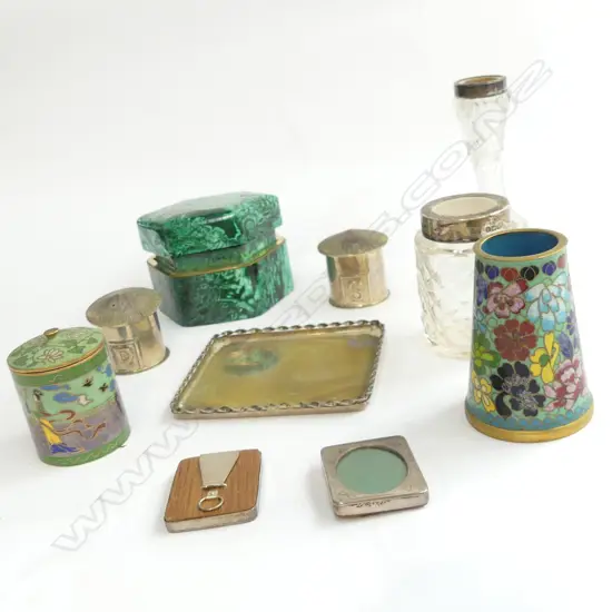 10 ASST. PCES; 2 SILVER BOTTLES, SALT & PEPPER + TRAY, 2x CLOISONNE CONTAINERS, 2 MINI STG FRAMES, LIDDED CONTAINER