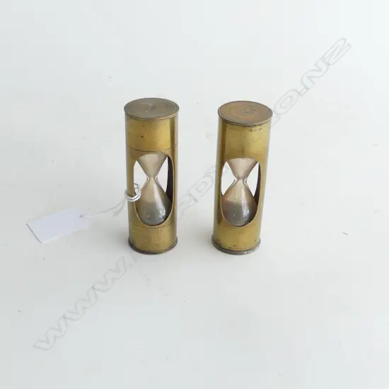 2 ANTIQUE CYLINDER BRASS & GLASS SAND TIMERS H's. 85mm
