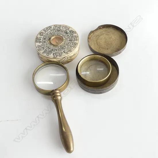 BONE CARVED ZODIAC COMPASS + BRASS MAGNIFYING GLASS + LENS