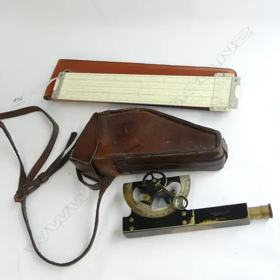 VINTAGE DUMPY LEVEL IN LEATHER POUCH (L 200MM) + LEATHER CASED SLIDE RULE