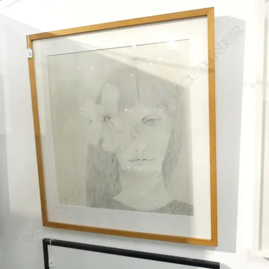 ARTIST UNKNOWN 'GIRL w. HIBISCUS' GRAPHITE ON PAPER' 585x535mm