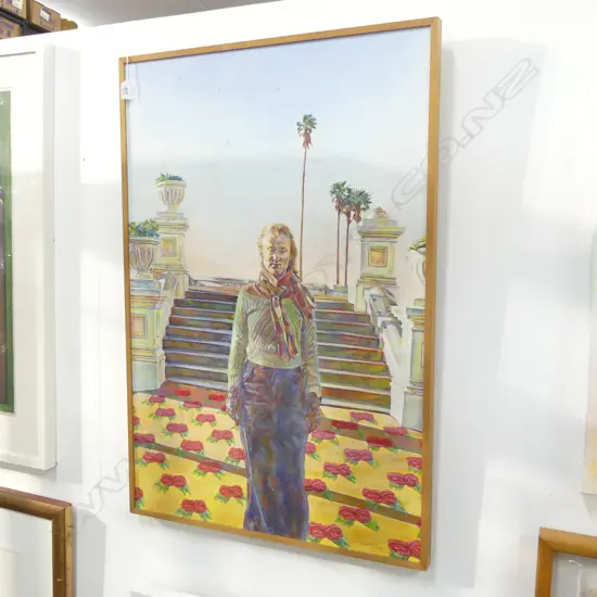 RAEWYN TURNER 'UNTITLED (WOMAN IN A LANDSCAPE) OIL ON CANVAS SIGNED & DATED '77 895x590mm impact mark