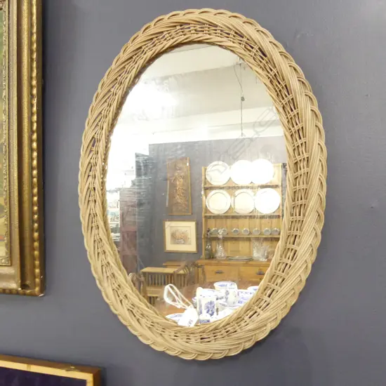 OLD OVAL CANE FRAMED WALL MIRROR 440 X 580MM