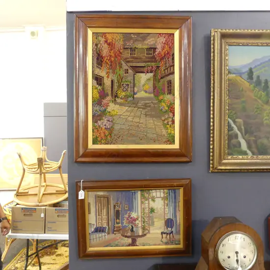 2 NEEDLEWORK ARTWORKS; COTTAGE SCENE 485x360 + INTERIOR SCENE 250x400mm