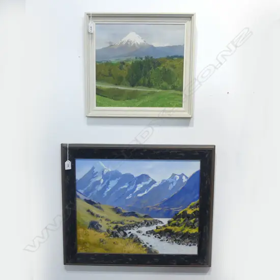 2 OILS; DAPHNE FEARY 'MT COOK' 395x500 + RON TIZARD 'MT EGMONT' 1953 320x345mm