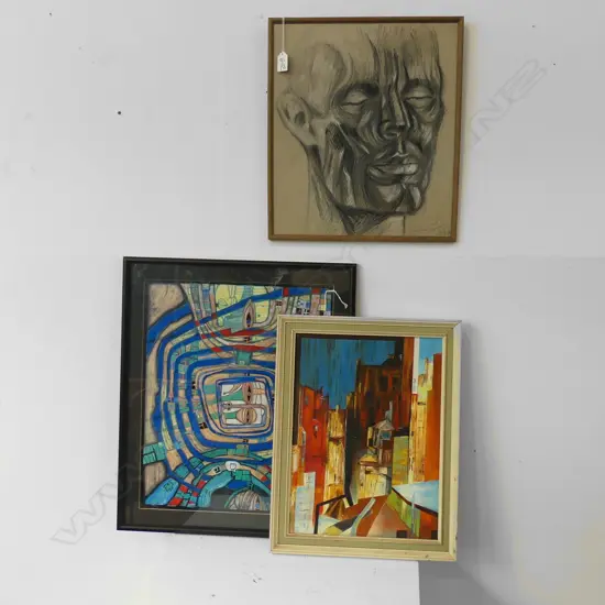 3 ARTWORKS; ABSTRACT OIL, LOUISE TAYLOR PENCIL HEAD, HUNDERTWASSER PRINT 380x465mm