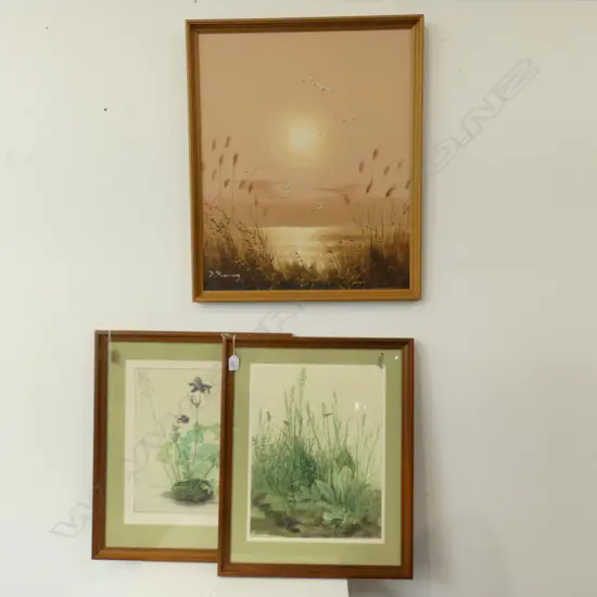 3 ARTWORKS; 2x ALBRECHT DURER PRINTS OF GRASSES 425x330mm + SIGNED SUNSET ACRYLIC 