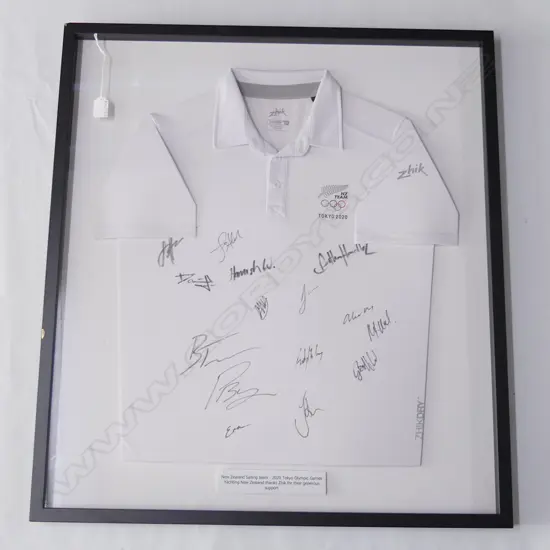 FRAMED SIGNED T-SHIRT; NZ SAILING TEAM 2020 TOKYO OLYMPICS 780x695mm