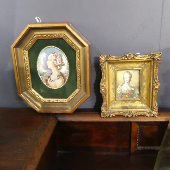2 HAND PAINTED PORTRAITS; GILT FRAMES 85x60mm