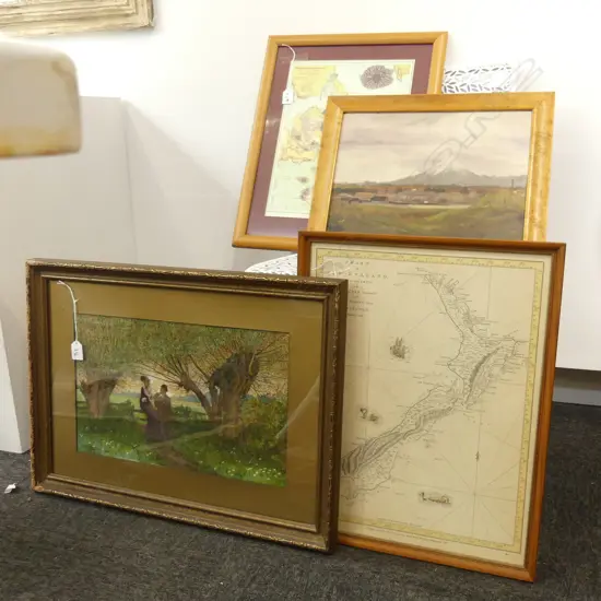4 ARTWORKS; COLONIAL OIL MT TARANAKI 280x390, S.BERKLEY W/C COUPLE UNDER TREES, 2 NZ MAP PRINTS