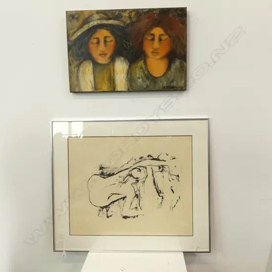 2 ARTWORKS; D. MEIRING 'UNTITLED (2 WOMEN) OIL 400x600mm, SIGNED NUDED PRINT 9/12 650x525mm glass broken