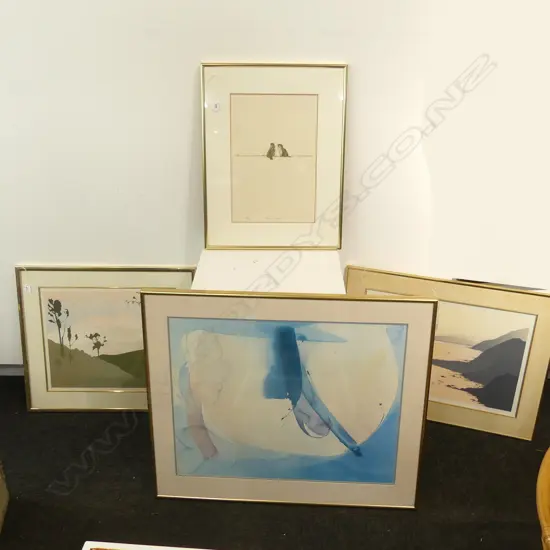 4 PRINTS; RAYMOND CHING SPARROWS, KAPITI COAST, MALCOLM WARR 'MT. RUAPEHU' 415x520mm, LGE ABSTRACT