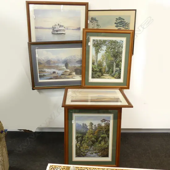 6 LANDSCAPE PRINTS; 2x J. BLACKBURN 460x360mm, 2x DAVID STONE RANGITOTO & FERRY 'KESTREL', CHATHAMS, WANAKA