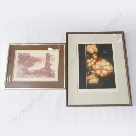 2 ETCHINGS; JANET BOTHNER-BY 'TAIRUA ESTUARY FROM ROYAL BILLY POINT' 9/11 & JOAN TAYLOR 'ORANGE BEGONIA' 16/50 380x275mm