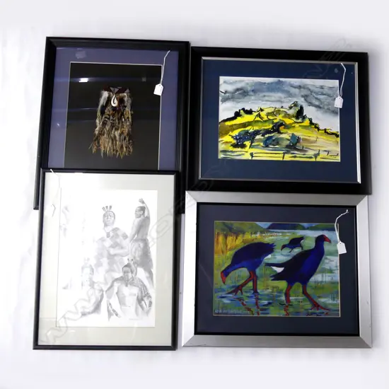 4 ARTWORKS; DAVID GILL W/C 'LITTLETON HILLS', ROB MCGREGOR PUKEKO PASTEL, FRAMED FEATHER PIUPIU, D. P. FERRIS 'TOA ROPU'