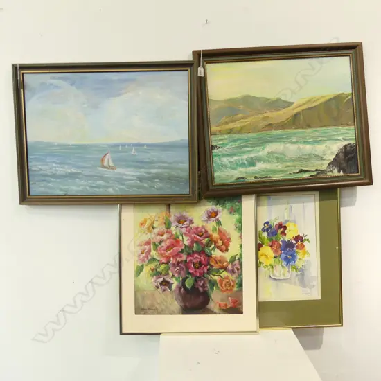 2 SEASCAPE OILS + 2 FLORAL STILL LIFES; N. NOON '91 & JEAN BRENNAN 475x405mm