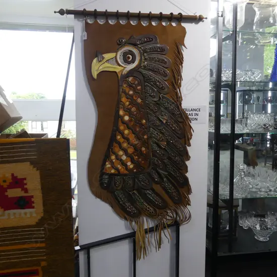 BRUCE PAPAS 'BRONZE EAGLE - MEXICO' TILE ON LEATHER ARTWORK 1100x550mm