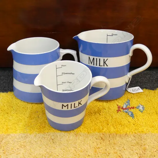 T G GREEN CORNISHWARE JUGS; 2 GRADUATED MILK MEASURING JUGS (QUART & PINT)  & 1 OTHER 