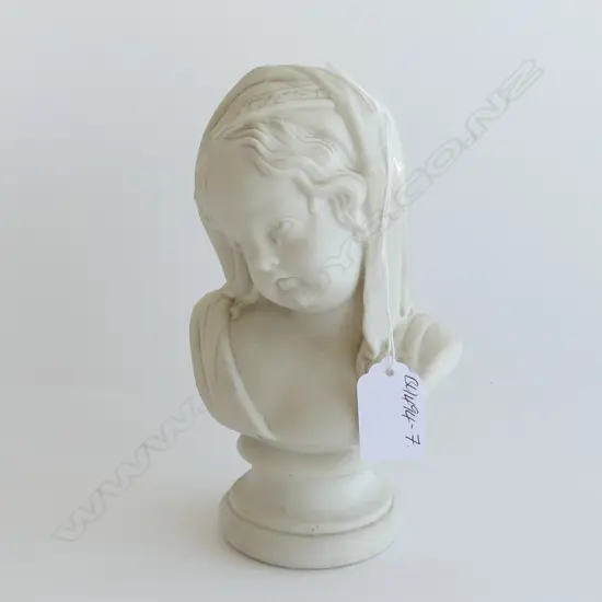 ANTIQUE PARIAN BUST CRYING GIRL W HEAD SCARF SOCLE BASE H.180mm