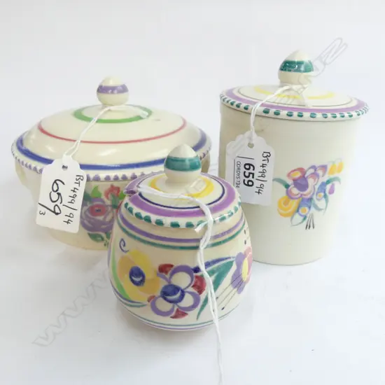 3 POOLE HAND COLOURED LIDDED JARS, VARIOUS SIZES 