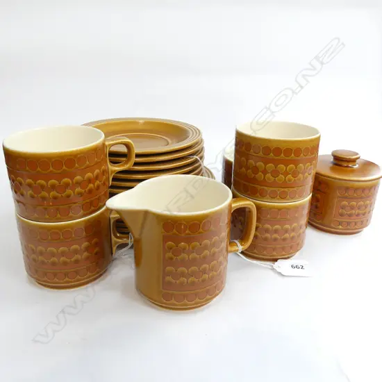 HORNSEA 'SAFFRON' PART TEA SET; 5 TRIOS, JUG & LIDDED SUGAR BOWL + 1 SPARE PLATE & SAUCER
