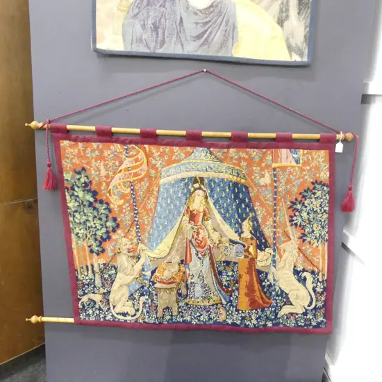 NEEDLEWORK TAPESTRY; LADIES w. LION & UNICORN