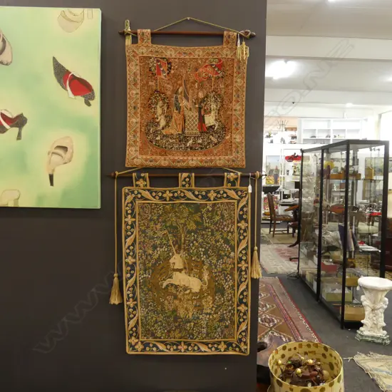 2 BELGIAN TAPESTRIES; 560x560 / UNICORN 820x610mm