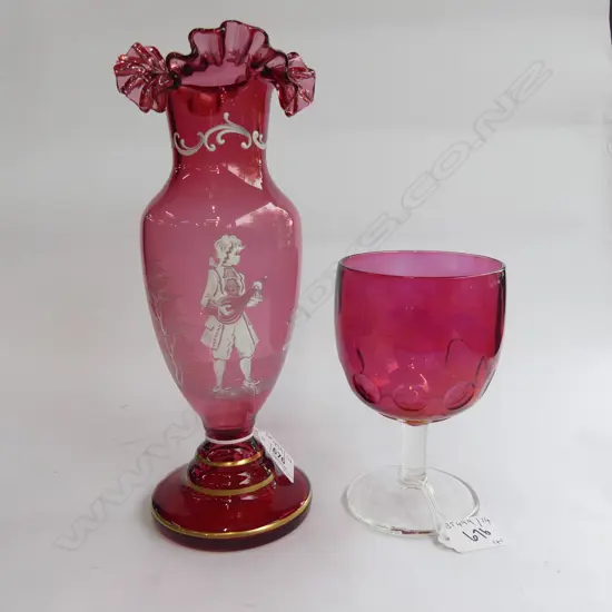 MARY GREGORY CRANBERRY GLASS VASE & CRANBERRY GLASS GOBLET
