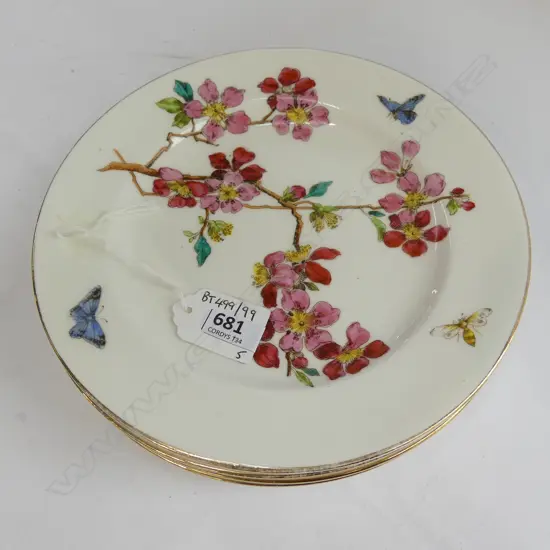 5 ROYAL WINTON CHINA HAND PAINTED SIDE PLATES, BLOSSOM & BUTTERFLIES PATTERN Dia.200mm