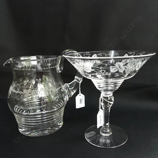 STUART CRYSTAL JUG & COMPORT ETCHED GRAPEVINE PATTERN 170mm