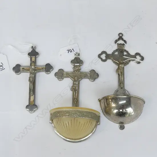 2 VINTAGE HOLY WATER CRUCIFIX & SINGLE WALL CRUCIFIX