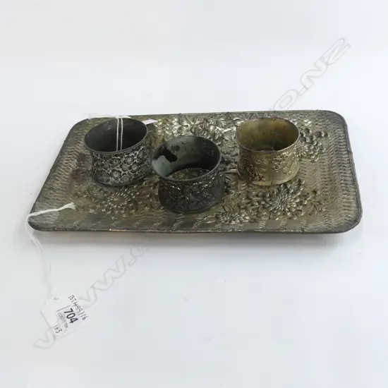 JAPANESE METAL CHRYSANTHEMUM TRAY & 3 NAPKIN HOLDERS