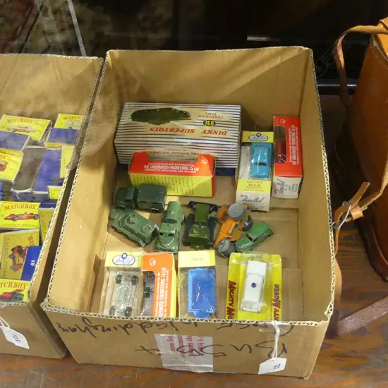 SM BOX ASST VINTAGE MODEL CARS INCL.DINKY SUPERTOYS CENTURION TANK IN BOX ...SOME LOOSE SOME BOXED