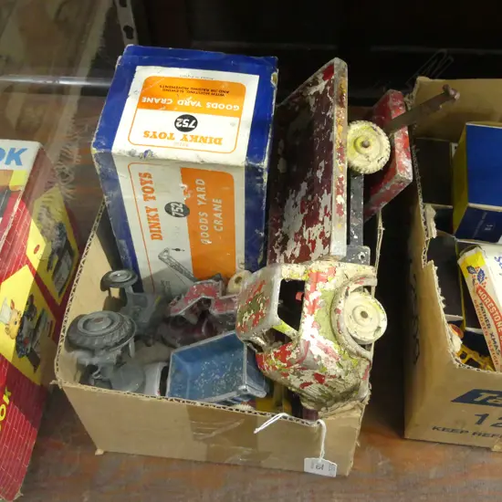 BOX OLD DIE CAST TRUCKS ETC..POSSIBLY FUN HO + BOXED DINKY TOY GOODS YARD CRANE